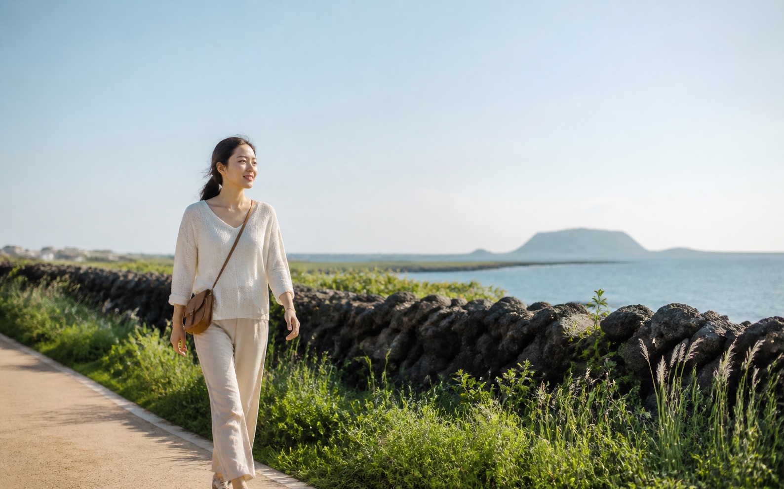 游客不带行李，自由漫步在济州海岸